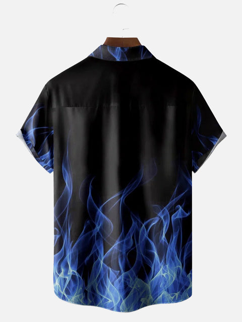 Blue Fire Flame Pattern Printing Short Sleeve Shirt