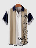 50s Khaki & Navy Stitching Musical Note Printing Men's Short Sleeve Shirt