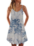 Flower Blue Fashion Trend Printing Sleeveless Camisole Dress