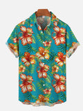 Red Hibiscus Floral Print Hawaiian Vacation Short Sleeve Shirt