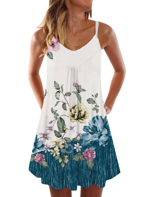 Floral Design Watercolor Blue Flowers and Leaves Printing Sleeveless Camisole Dress