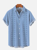Blue Stripe Plant Flower Printing Polyester Casual Short Sleeve Shirt