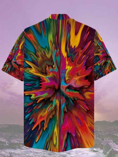 Eye-Catching Jet-like Colorful Mixed Paint Pattern Printing Cuban Collar Hawaiian Short Sleeve Shirt