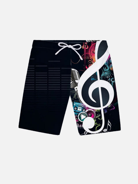 Music Series Black Microphone And Musical Note Printing Shorts