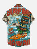 Hawaii Vintage Colorful Tiki Man Surfing Printing Short Sleeve Shirt