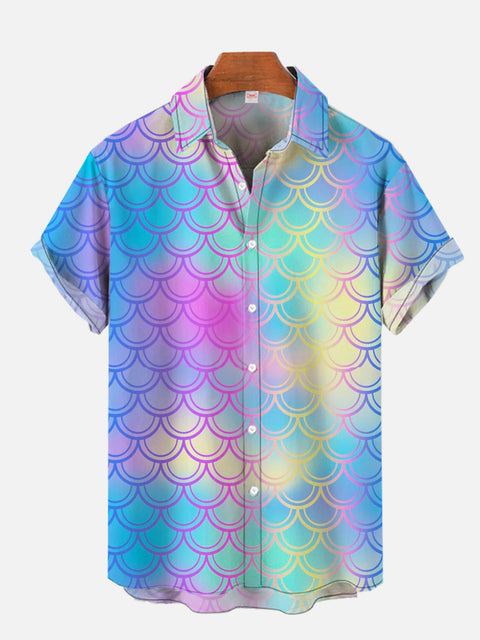 Colorful Gradient Laser Mermaid Scales Pattern Printing Short Sleeve Shirt
