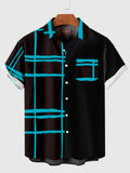 Vintage Blue Grid Printed Men's Short Sleeve Shirt