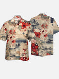 Eye-Catching Stylish Retro Artistic Summer Scenery And Red Flowers Printing Cuban Collar Hawaiian Short Sleeve Shirt