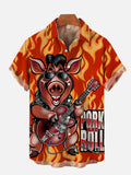 Burning Flame Cartoon Pig Guitar Pork And Roll Printing Short Sleeve Shirt