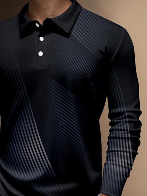 Gradient Light-Sensing Technology Striped Printing Buttons Long Sleeve Polo