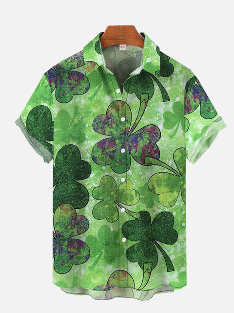 Full-Print Green Lucky Irish Clovers Printing Short Sleeve Shirt