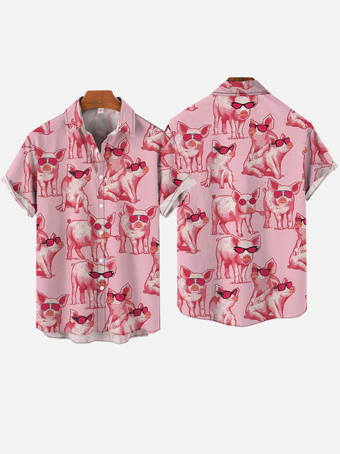 Hawaiian Funny Animal Pink Piggy Printing Beach Short Sleeve Shirt