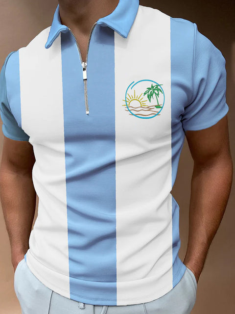 Blue And White Stitching Coconut Tree Short Sleeve Polo