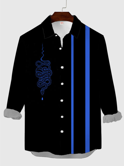 Black & Blue Matching Classic Stripes Snake Printing Men's Long Sleeve Shirt