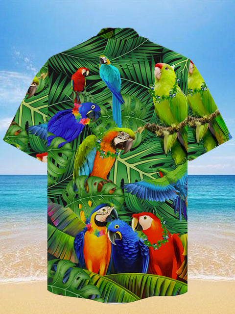 Eye-Catching Vacation Style Tropical Jungle Colorful Parrots Printing Cuban Collar Hawaiian Short Sleeve Shirt