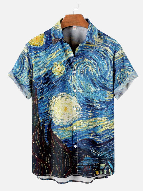 Blue Starry Sky Vincent Oil Painting Printing Short Sleeve Shirt