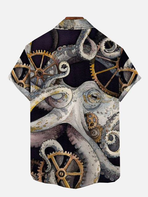 Vintage Octopus Sepia Tech Gear Parts Printing Hawaiian Short Sleeve Shirt