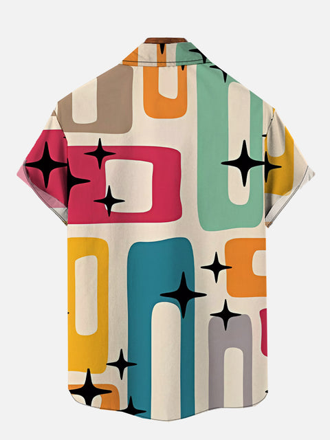 Mid Century Modern Style Abstract Geometric Wide-Sided Rectangular Black Star Printing Short Sleeve Shirt