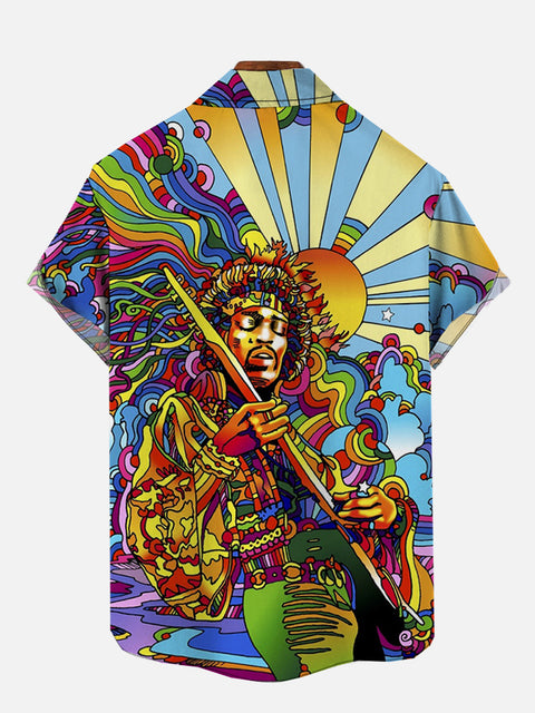 Eye-Catching Psychedelic Hippie Colorful Pop Art Artist Jimi Hendrix Printing Double Collar Type Short Sleeve Shirt