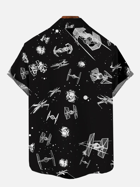 Black And White Line Satellite Technology Machine Printing Short Sleeve Shirt