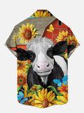 Country Funny Animal Cow And Sunflowers Printing Short Sleeve Shirt