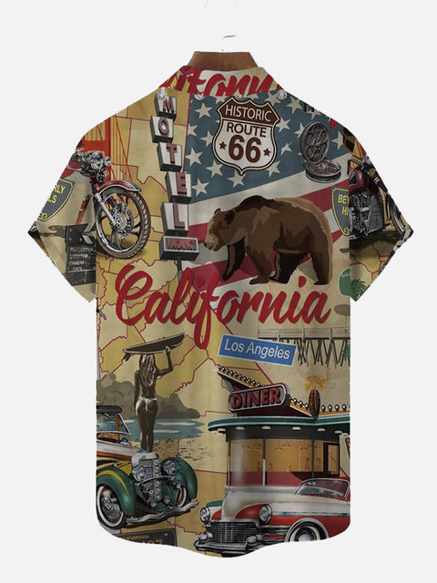 Vintage 50’s Nostalgic Map Route 66 Tourist Attractions Printing Short Sleeve Shirt