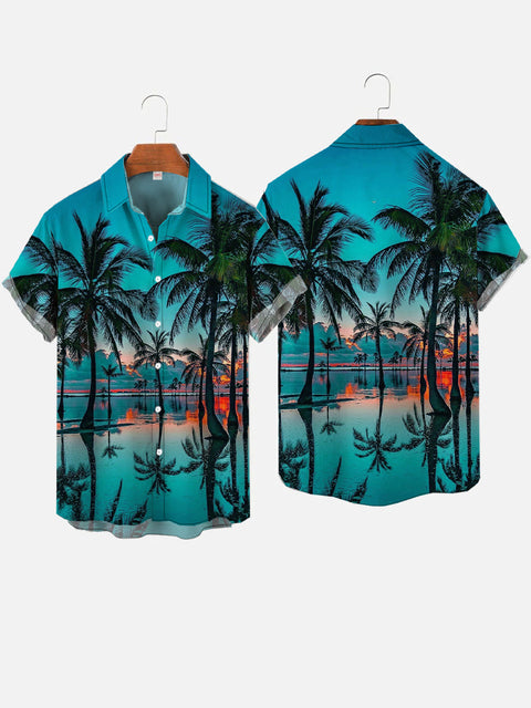 Blue Sunset Beach And Coconut Tree Printing Hawaiian Short Sleeve Shirt