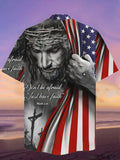 Eye-Catching 4th Of July American Flag With Jesus Printing Cuban Collar Hawaiian Short Sleeve Shirt