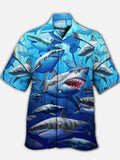 Eye-Catching Marine Life School Of Sharks Printing Cuban Collar Hawaiian Short Sleeve Shirt