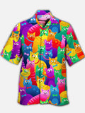 Eye-Catching Colorful Cute Pet Cat Party Printing Cuban Collar Hawaiian Short Sleeve Shirt