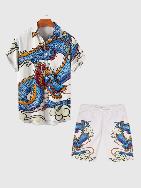 Hand Painted Cartoon Blue Dragon Printing Men's Shorts