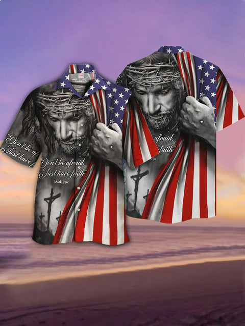 Eye-Catching 4th Of July American Flag With Jesus Printing Cuban Collar Hawaiian Short Sleeve Shirt