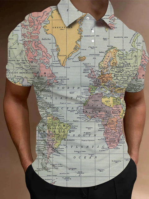 Mercator Projection Green Colorful World Map Printing Short Sleeve Polo