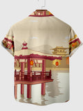Oriental Style Garden Drawings and Dark-Red Stitching Men's Short Sleeve Shirt