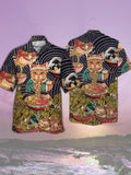 Eye-Catching Psychedelic Hippie Hand-Painted Ukiyo-e Cat Ramen Painting Printing Cuban Collar Hawaiian Short Sleeve Shirt