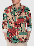 Men's Retro Leisure Vacation Style Coconut Tree Car Printing Men's Long Sleeve Shirt