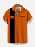 Halloween Element Vintage Black And Orange Stitching Devil Pumpkin Screen Printing Men's Short Sleeve Shirt