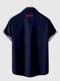 50s Khaki & Navy Stitching Musical Note Printing Men's Short Sleeve Shirt
