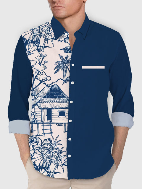 Vintage Blue Wooden House Fashion Printing Men's Long Sleeve Shirt