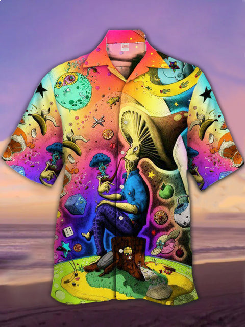 Eye-Catching Mushroom Psychedelic Hippie Art Colorful Mushroom Man In Space Printing Cuban Collar Hawaiian Short Sleeve Shirt