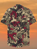 Eye-Catching Vintage Day of the Dead Pinups Sugar Skull Printing Cuban Collar Hawaiian Short Sleeve Shirt