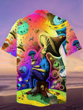 Eye-Catching Mushroom Psychedelic Hippie Art Colorful Mushroom Man In Space Printing Cuban Collar Hawaiian Short Sleeve Shirt