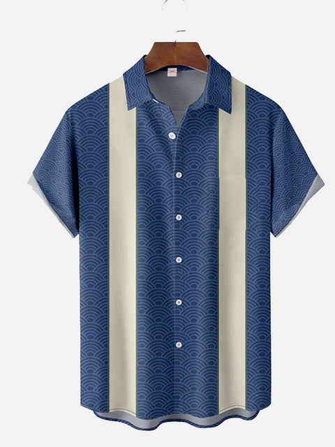 Vintage Blue And White Stitching Ukiyo-e Cloud Printing Short Sleeve Shirt