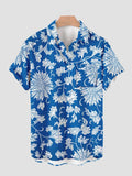 Blue and White Porcelain Chrysanthemum Printing Short Sleeve Shirt