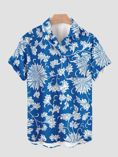 Chemise à manches courtes à imprimé chrysanthème en porcelaine bleue et blanche