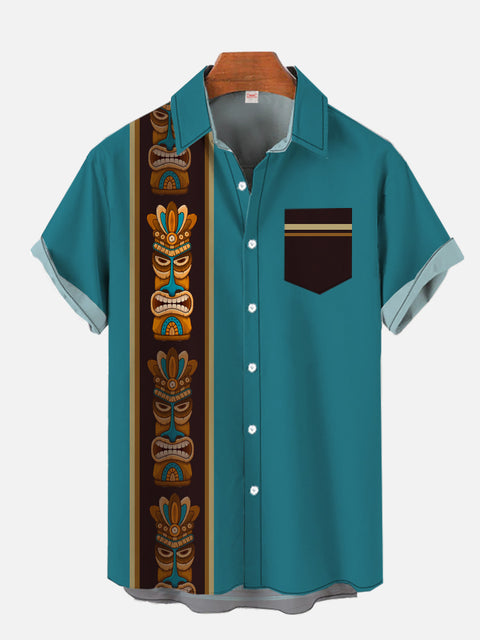 DarkCyan Ethnic Vertical Striped Tiki Tribal Mask Printing Breast Pocket Short Sleeve Shirt