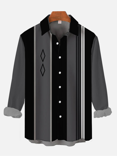 Simple Black And Gray Vertical Stripe And Rhombus Pattern Printing Men's Long Sleeve Shirt