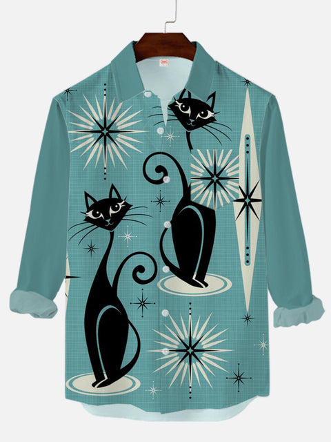 DarkCyan Mid Century Modern Style Abstract Geometric Pattern Black Cat Printing Men's Long Sleeve Shirt