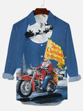 Christmas Elements Blue Motorcycle Rider And Elk Sleigh Shadow Printing Men's Long Sleeve Shirt