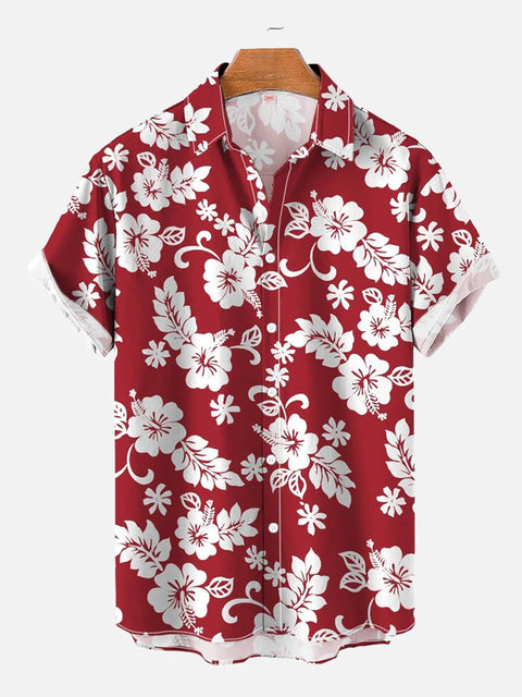 Leisure Vacation Hawaiian Red Floral Printing Short Sleeve Shirt